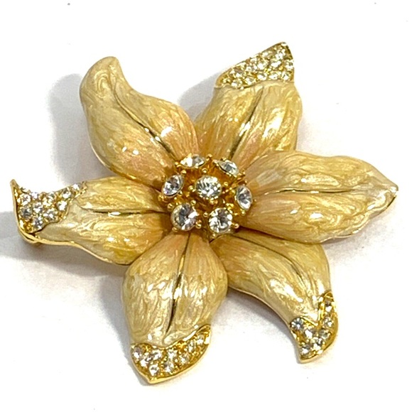 Vintage Nolan Miller Gold Tone Creamy Enamel And Clear Rhinestones Floral Brooch - Picture 1 of 9
